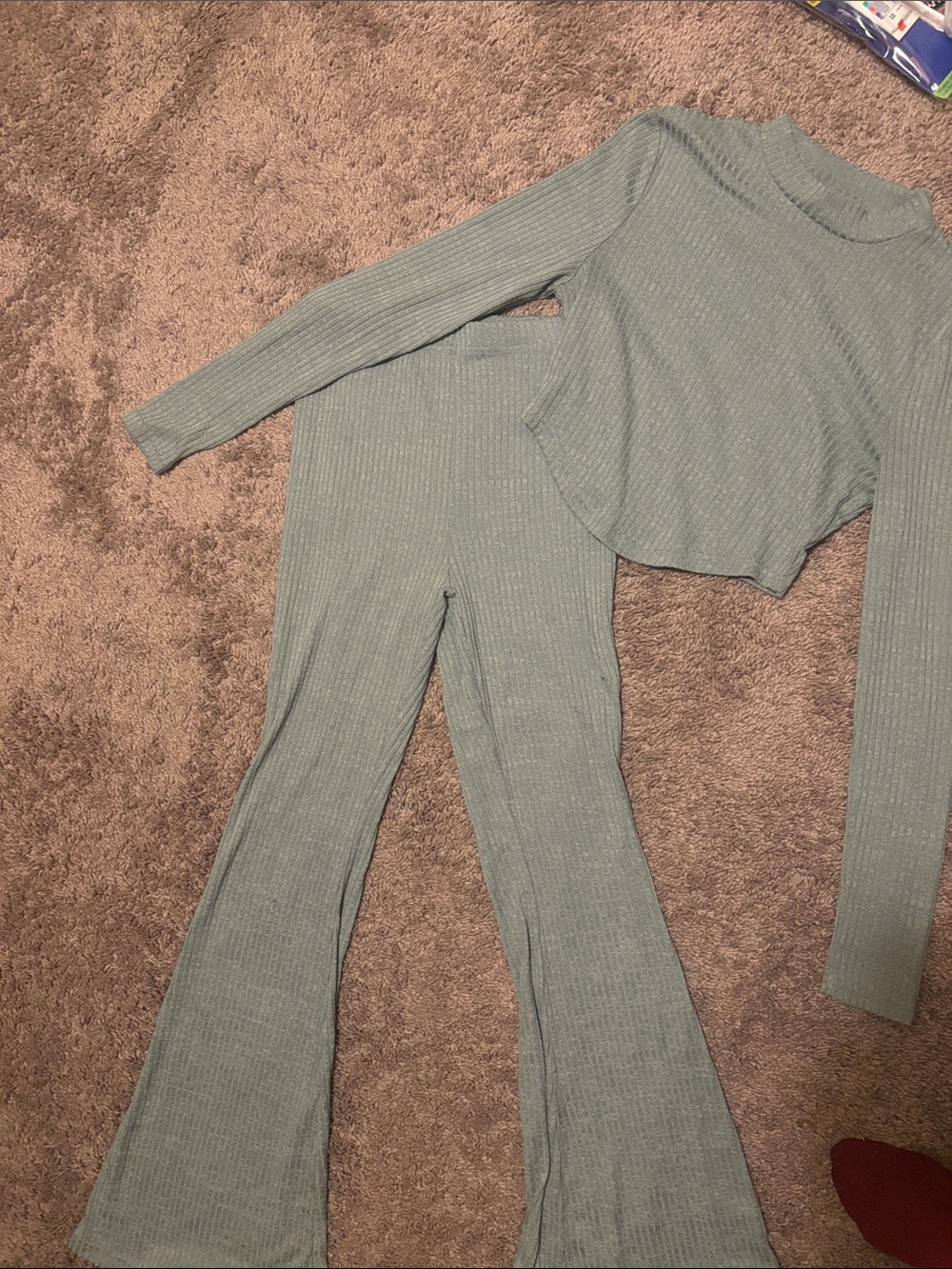 SHEIN Ribbed Knit Flared Pants & Long Sleeve Crop Set